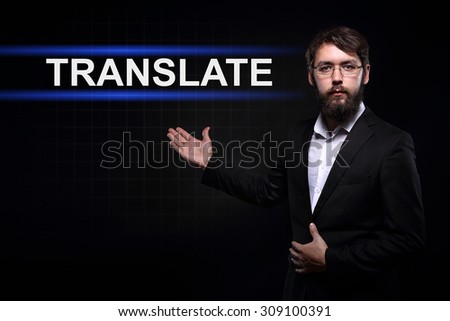 Businessman over black background presenting translate.