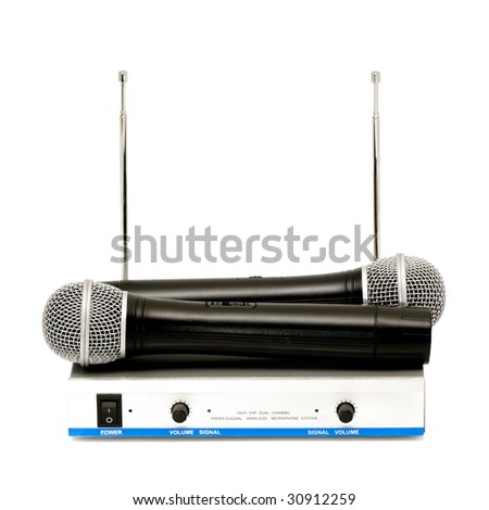 Microphones and sound mixing console isolated on a white background