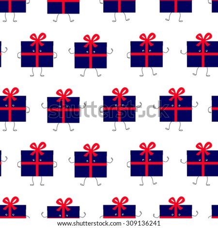 Seamless pattern with dancing navy colored gift box characters with wide red ribbon tied in a big red bow on the top of it isolated on white background. Logo template. Design element