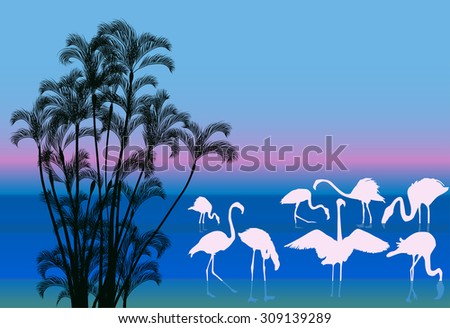 illustration with group of flamingo in water near palm trees