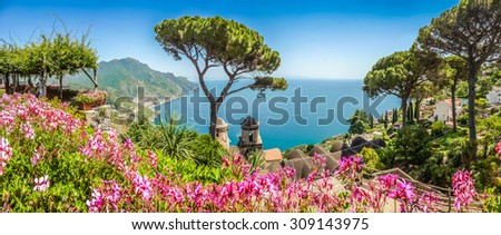 Scenic picture-postcard view of famous Amalfi Coast with Gulf of Salerno from Villa Rufolo gardens in Ravello, Campania, Italy Royalty-Free Stock Photo #309143975