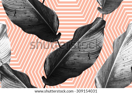 Tropical monochrome jungle palm leaves. Beautiful vector seamless fashionable floral exotic pattern background. Abstract stripped geometric texture