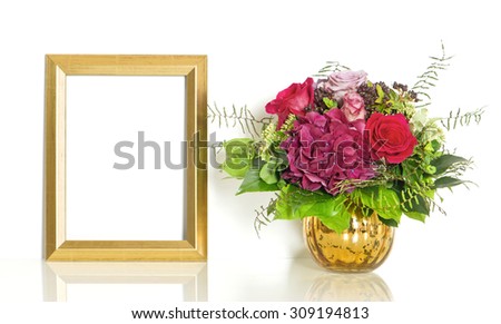 Bouquet of rose flowers and golden frame with sample text Happy Birthday!