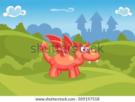 Fantasy summer vector Illustration with castle and a red dragon