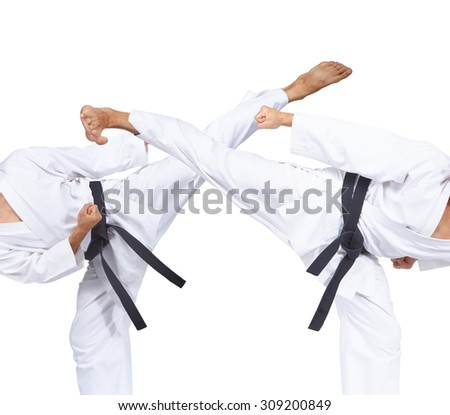 Two kicks to the performance of an athlete with a black belt collage Royalty-Free Stock Photo #309200849