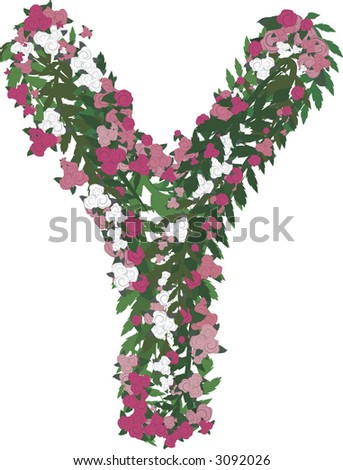 Illustration of a colorful rose capital letter, with no gradients.