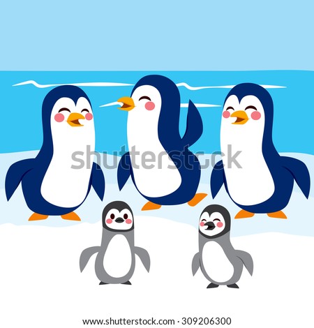 Funny baby and adult penguins happy together in Antarctic iceberg