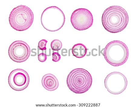 sliced red onions set isolated on white background,top view  Royalty-Free Stock Photo #309222887