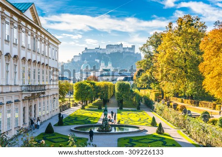 Beautiful view of famous Mirabell Gardens with the old historic Fortress Hohensalzburg in the background in Salzburg, Austria Royalty-Free Stock Photo #309226133