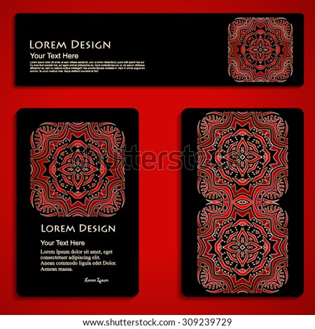 set of elegant business cards and header templates with hand drawn tribal ornament over red background, mandala, for greeting, invitation card, or cover. Vector illustration