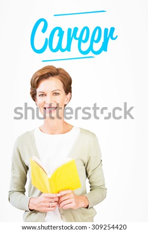 The word career and teacher reading book at library against white background with vignette
