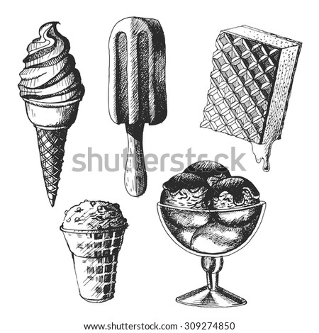 Ice cream. Set of graphic hand drawn. Vector illustration