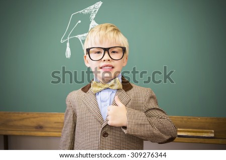 Graduation hat vector against cute pupil dressed up as teacher in classroom