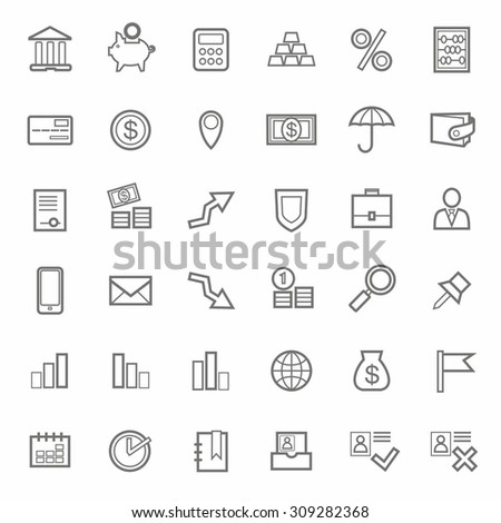 Icons, Bank, Finance, contour, line, monochrome, white background. Contoured, single-color icons with financial and banking topics. On a white background.  