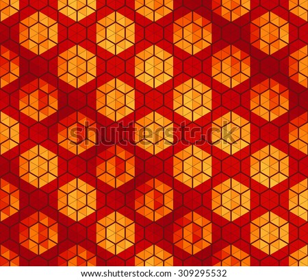 Abstract vector geometric background of mosaic hexagons and triangles in royal red and gold colors