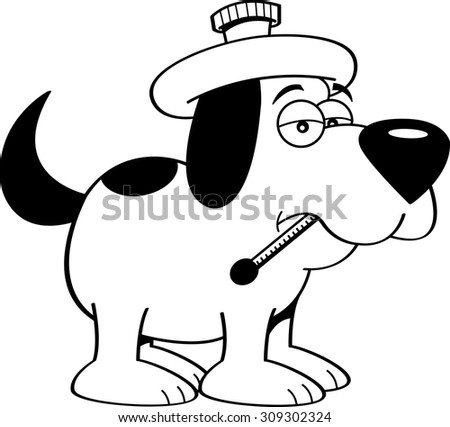 Black and white illustration of a sick dog with a thermometer.
