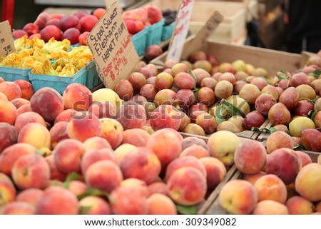 Urban green market series/fresh peaches for sale in bins with hand-lettered signs listing prices & types
