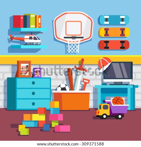 Boys room with toys skateboards and basketball ring.Flat style cartoon vector illustration with isolated objects.