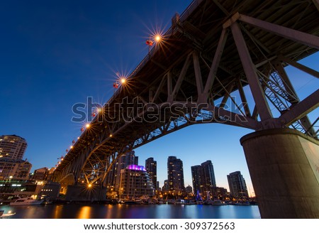 Granville Island Bridge in Vancouver from below on a clear night