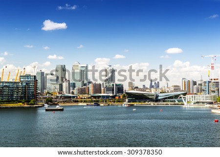 View of the City of London and Isle of Dogs from The Victoria Docks, London, England, UK