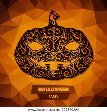 Ornate pumpkin on abstract color background. Halloween party. Vector template for banner, invitation, greeting card