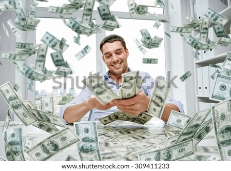 business, people, success and fortune concept - happy businessman with heap of dollar money at office Royalty-Free Stock Photo #309411233