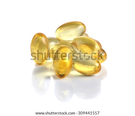fish oil omega 3 gel capsules on a white background
