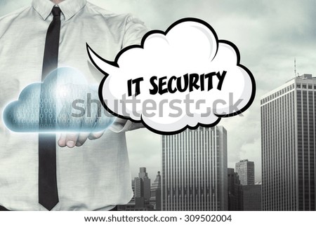 IT security text on cloud computing theme with businessman on cityscape background