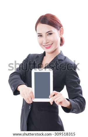 Businesswoman showing tablet computer screen isolated on white background.