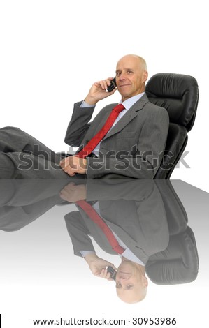 Mature executive calling a younger man for job offer isolated in white