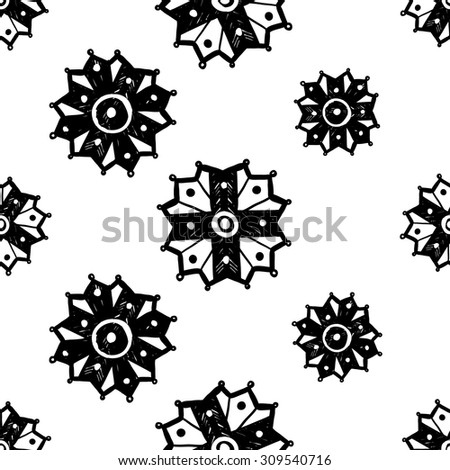 Black and white Islamic chamomile and cross seamless pattern. Contrast ornament with isolated traditional oriental geometric floral elements.