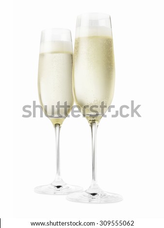 Studio shot of two champagne glasses isolated on a white background.