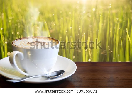 Cappuccino on the table with blur landscape of paddy rice in the morning 