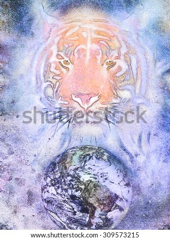 painting  tiger on color cosmic  background .