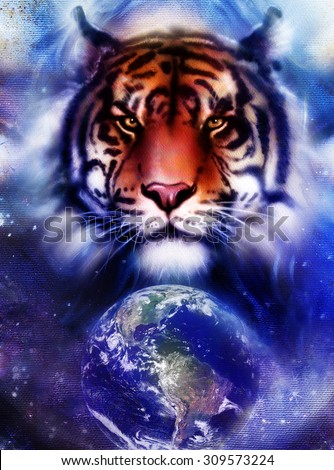 painting  tiger on color cosmic space background, wildlife animals. With Earth and stars