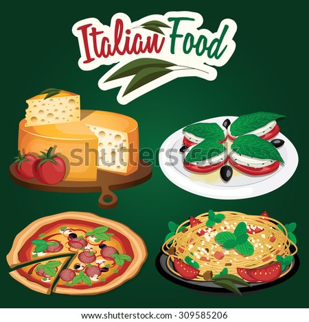 Italian food set (Pizza, cheese, capresse, pasta). Vector illustration
