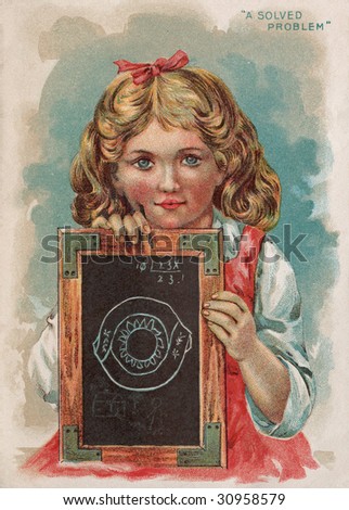 Vintage Advertising Card Illustration - Girl Doing Math