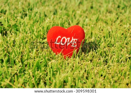 Red heart on green field in the bright day, vintage tone