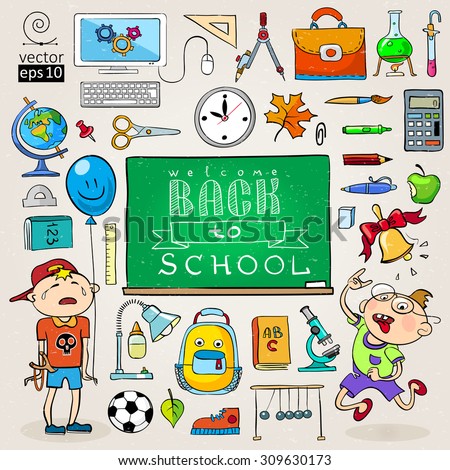 vector concept of "back to school" card with lettering, jolly and sad schoolboys and school supplies. colored cartoon style