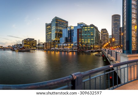 Panoramic view of Boston in Massachusetts, USA showcasing its mix of modern and historic architecture at Back Bay at sunset.