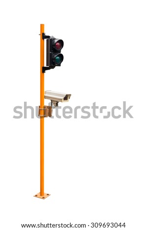 traffic light pillar and  security camera isolated on white background with clipping path