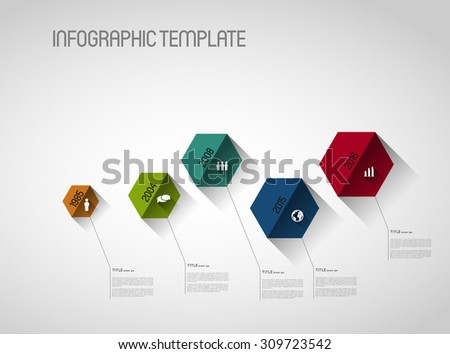 timeline infographic template with colorful hexagons and shadows, flat effect