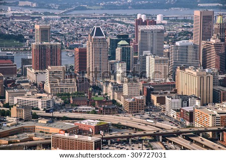 aerial view of downtown baltimore and highways, june, 2015
