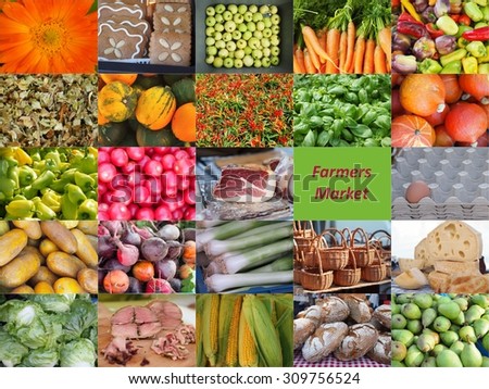 Collage of pictures showing a colorful beauty of a farmer market. 