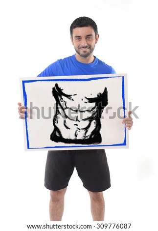 young happy attractive man holding billboard with six pack abdomen cartoon draw for advertising and marketing of gym or fitness sport club in healthy lifestyle concept isolated on white background