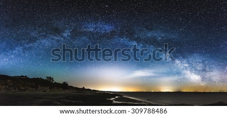 Amazing Panoramic Landscape view of a Milky Way at night sky, with grain Royalty-Free Stock Photo #309788486