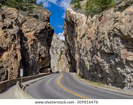 Sinclair Canyon outside the village or Radium Hot Springs. Sinclair Canyon is the main pass through the Rocky Mountains in Kootenay National Park.  Royalty-Free Stock Photo #309816476