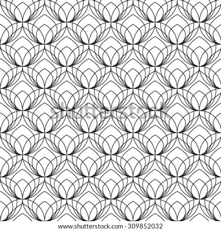 Abstract geometric seamless pattern. Black and white style pattern with overlapping circles. Black lines on transparent background. Resembles lotus flower, leaves.
