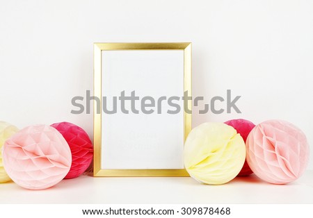 Golden frame mockup for your picture, party style. paper colorful balls. Poster template,
Vintage style mockup 