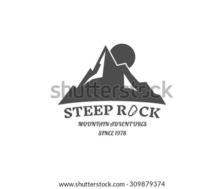 Vintage mountain badge, outdoors logo, emblem and label. Steep Rock concept, monochrome design. Best for camp, travel sites, web app, adventure magazines. Easy to change color. Vector illustration